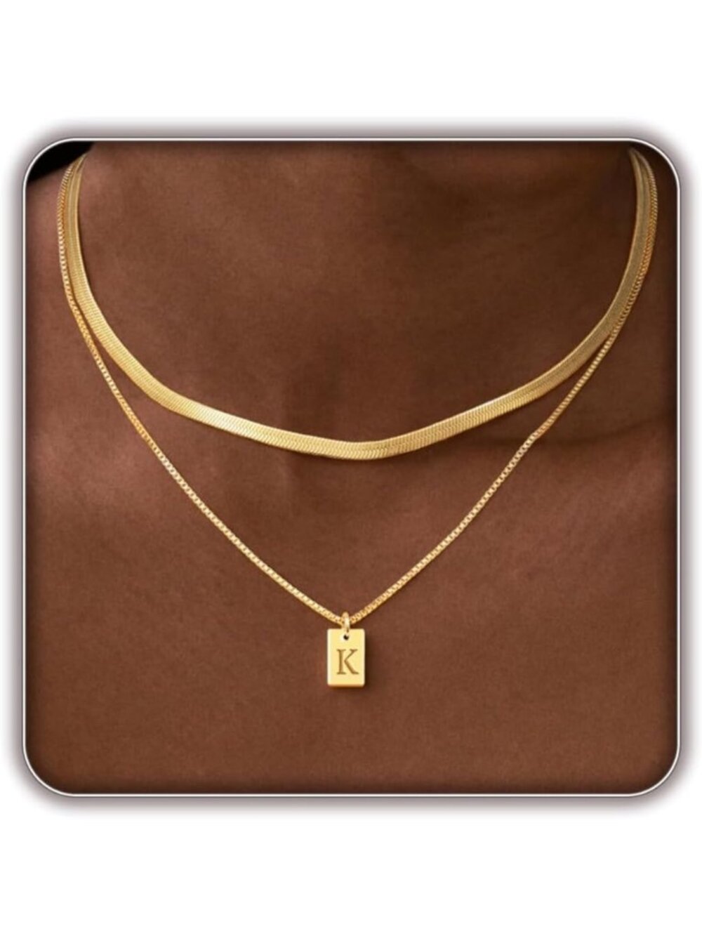 Layered Initial Necklace for Women - 14K Gold Plated Herringbone Chain Jewelry